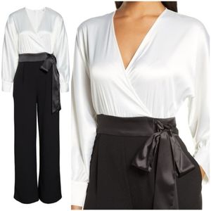 Eliza J Long Sleeve V-Neck Satin Bodice Jumpsuit